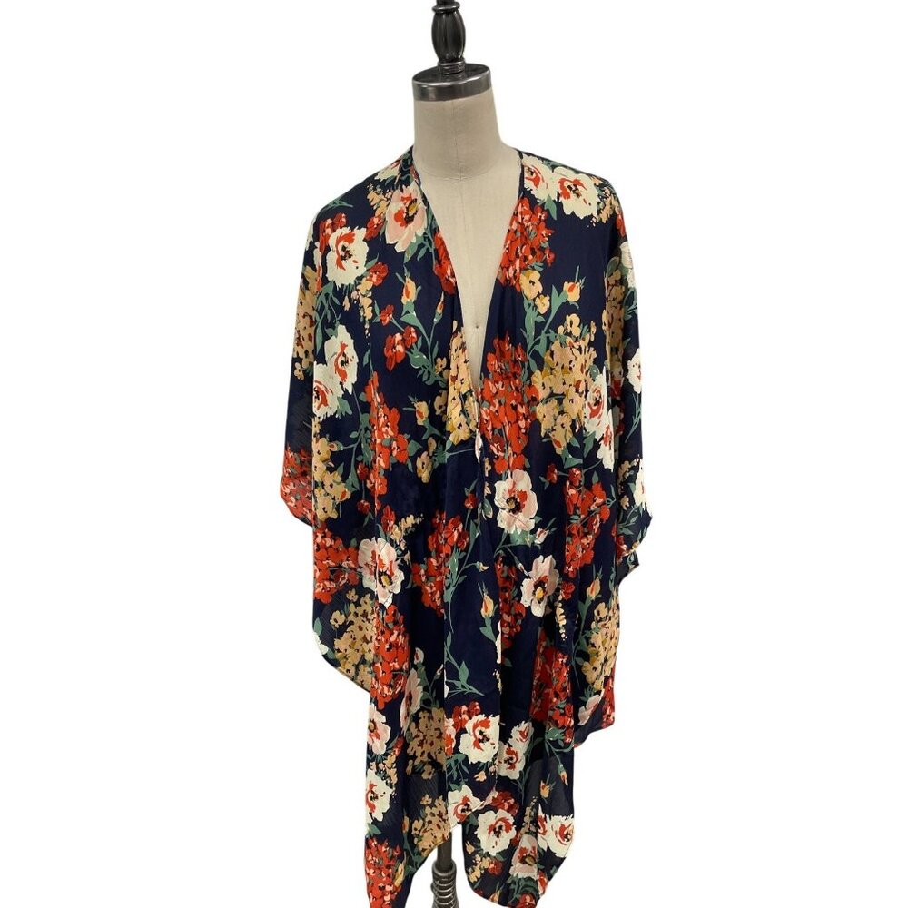 Umgee Floral Navy Multicolor Kimono Cardigan‎ Size L Coverup Robe